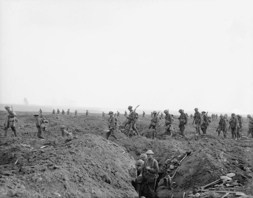 Reinforcements cross the old German front line during the Battle of Flers-Courcelette, 15 September 1916.